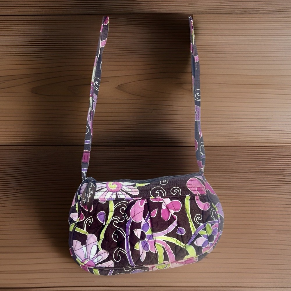 Vera Bradley Quilted Fabric Floral Crossbody Purse Brown Pink  Green Small